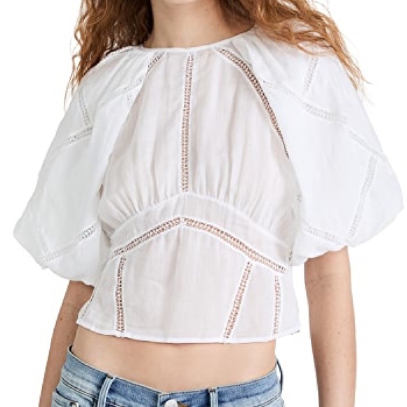 Frame Inset Lace Gathered Seam Top, Size S, White - Picture 2 of 11